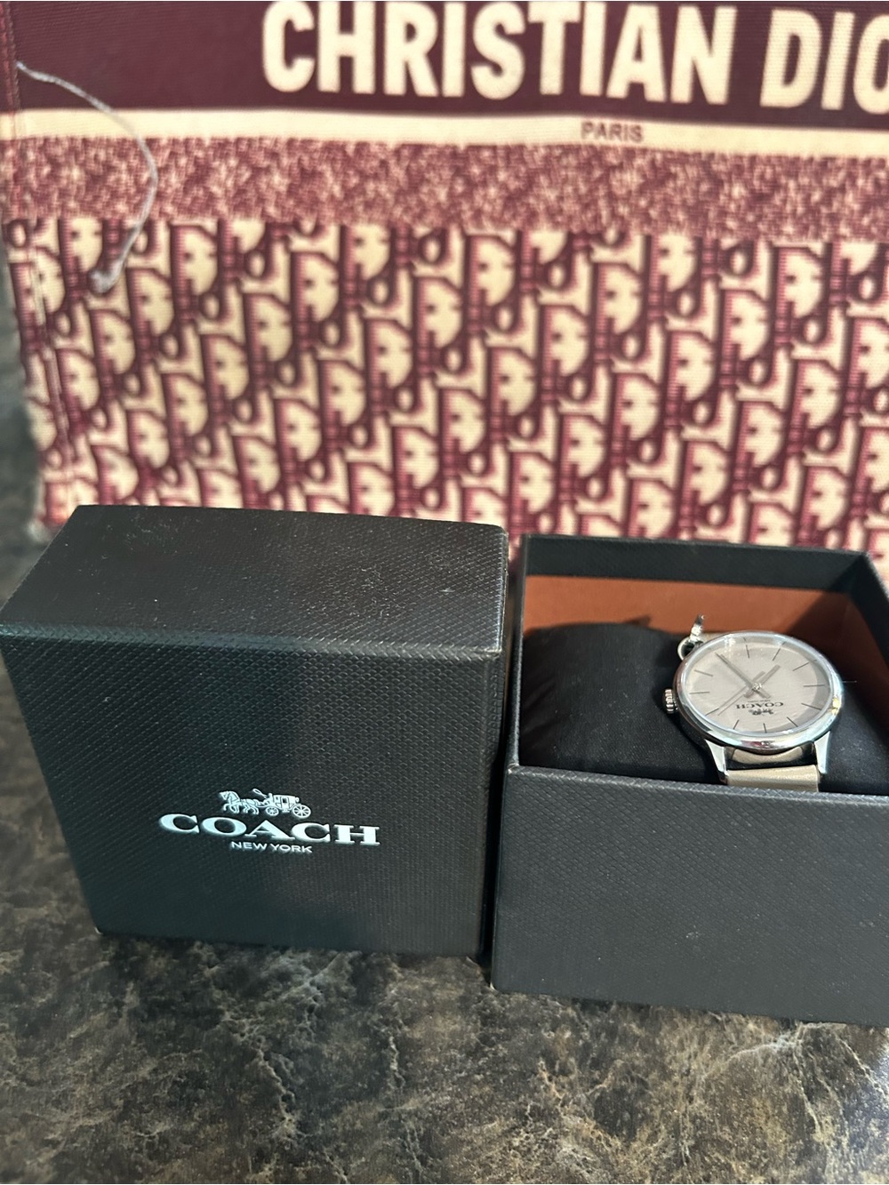 Coach Men's Silver Dial Watch with Leather-Trimmed Box